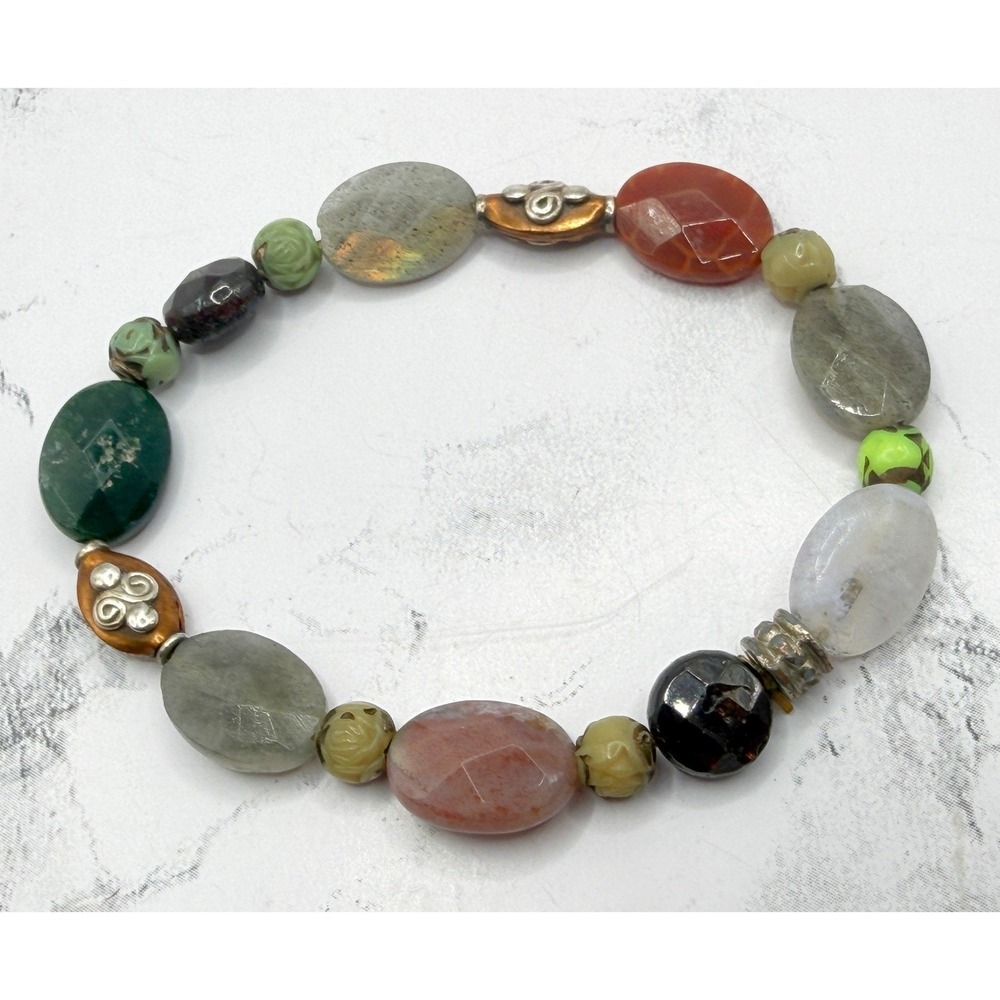 Boho‎ Mixed Natural Stone Bead Bracelet Carved Beads Stretch 7" Artisan Style